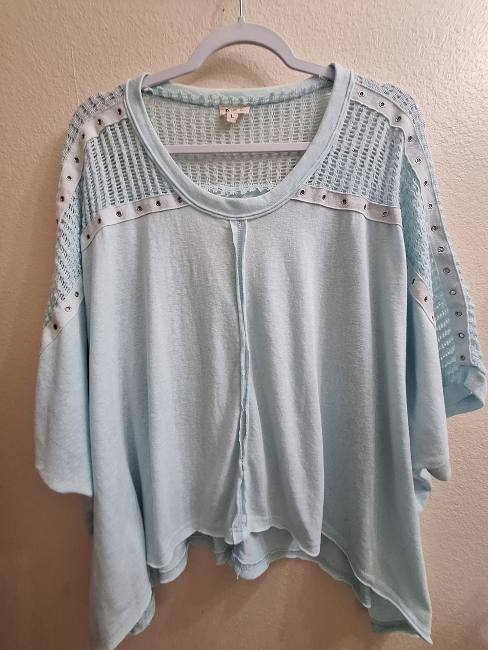 POL Light Blue Knit-Panel Relaxed Oversized Top with Stud Detail, Large